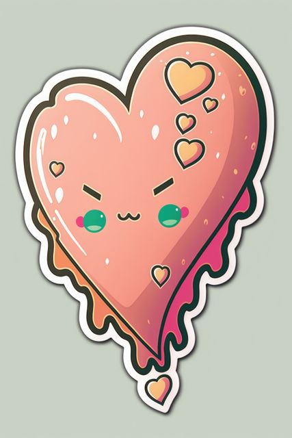 Illustration of a melting heart with cute, kawaii faces and various heart patterns on a pastel background. This vibrant and cheerful design is perfect for use in Valentine's Day cards, stickers, children's projects, and as a fun decoration for digital and print media.
