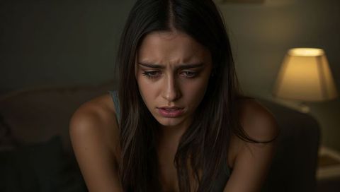 Young woman looking distressed in dim living room closeup tearful intimate emotional nighttime portr