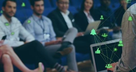 Business Professionals in Meeting with Digital Network Overlay