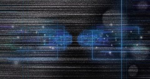 Pulsing blue nebula clusters over digital static with cyan hud overlays and glitch grid