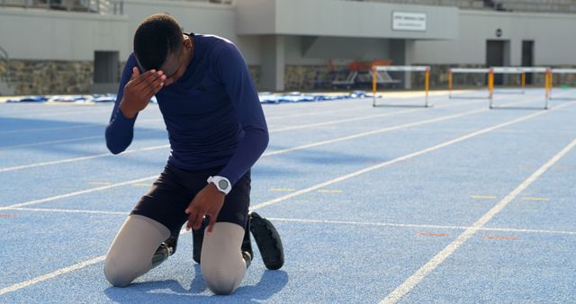 Athlete kneeling on blue running track, appearing to touch forehead, reflecting intense workout. Photo depicts strong themes of dedication, perseverance, and determination. Ideal for sportswear advertisements, motivational articles, fitness blogs, and athletic training guides.