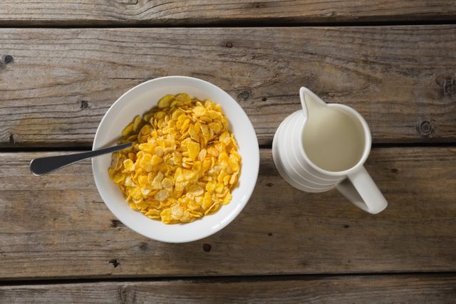 Bowl of Cornflakes with Milk on Rustic Wooden Table - Download Free Stock Photos Pikwizard.com