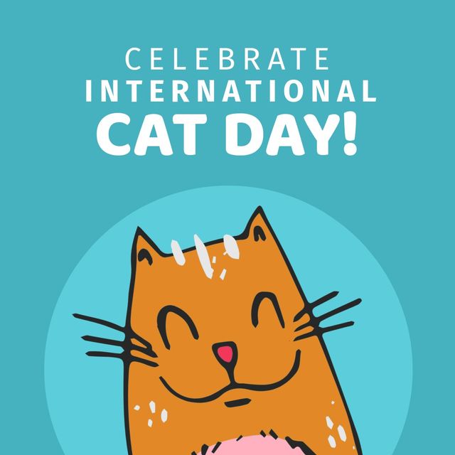 Illustration of orange cat and celebrate international cat day text on blue background, copy space. pet, vector, feline, animal, protection and awareness concept.