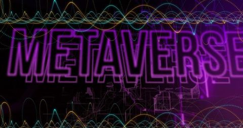 Glowing metaverse interface with neon waveforms, futuristic circuit grid and purple beam techno glow