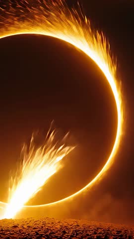Vertical Cinematic Erupting Molten Rim Circle Venting Fiery Jets and Embers Over Scorched Plain