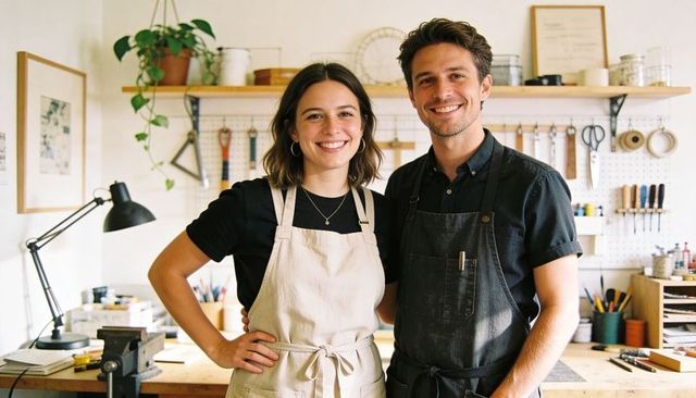 Two smiling makers standing in workshop wearing aprons and showcasing handmade craft tools