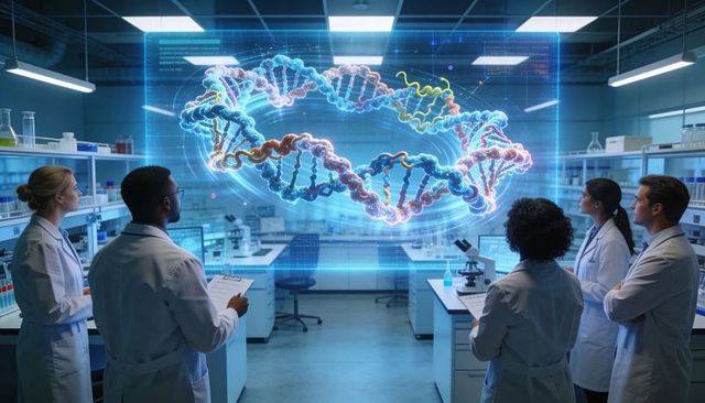 Multidisciplinary lab team collaborating on holographic dna helix for genetic research