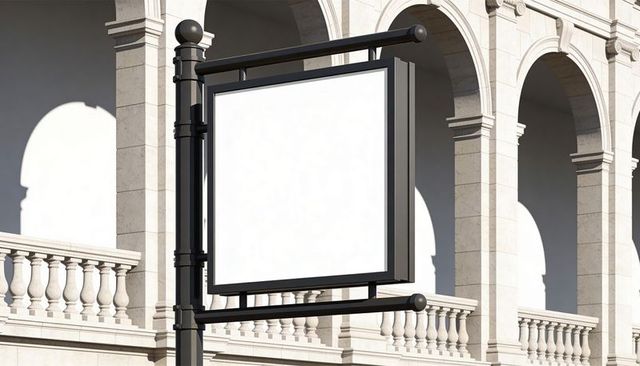 Displaying blank square billboard on black metal signpost before neoclassical stone facade