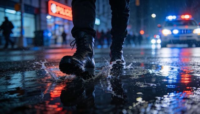 Walking through rain-soaked neon street with splashing combat boots and police lights at night