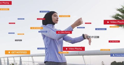 Female Athlete Exercising with Virtual Social Media Notifications