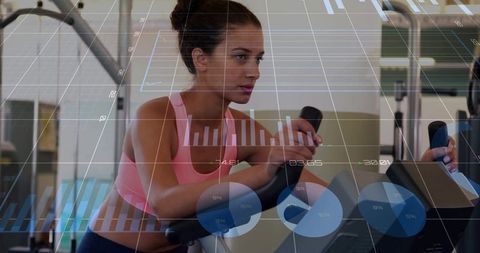 Woman Exercising on Elliptical with Data Visualization Overlay