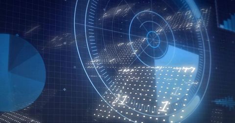 Futuristic data hud with rotating reticle, pulsing point cloud and pie chart overlay