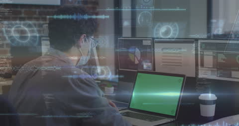 Man Engaged in Virtual Meeting with Futuristic Data Interface Overlay