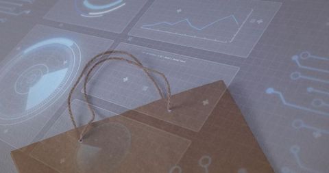 Kraft shopping bag showcasing futuristic holographic interface projection