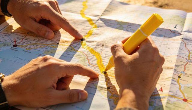 Hands Highlighting Coastal Road Route on Map with Yellow Marker for Road Trip Planning