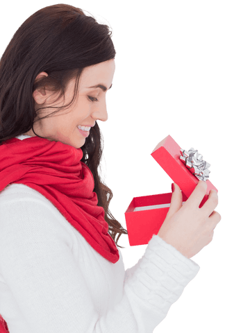Transparent Image of Woman Opening Christmas Gift with Smile
