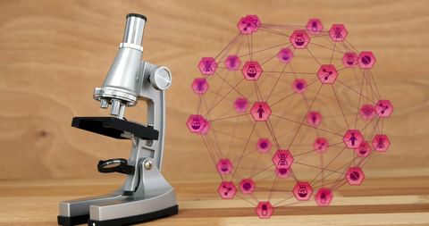 Innovative research concept art with microscope and digital icons