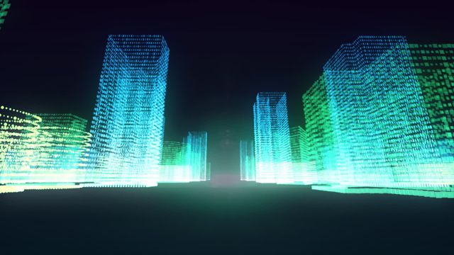 This video presents a futuristic cityscape with blue and green glowing 3D buildings on a black background. Ideal for use in technology blogs, virtual reality applications, digital art projects, and modern urban planning promotions.