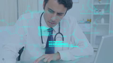 Doctor Analyzing Digital Medical Data with Futuristic HUD Interface