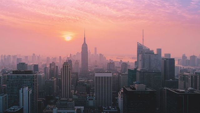 Sunset bathing manhattan skyline with empire state building rising through pastel haze