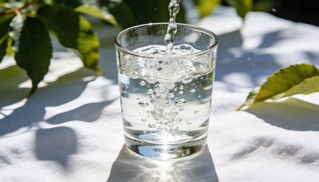 Pouring water into clear glass on sunlit linen tabletop creating bubbles and ripples