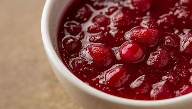 Glossy cranberry sauce close-up showing whole berries and ruby glaze in white bowl