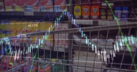 Digital Data and Stock Charts Overlaying Grocery Shopping Scene