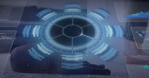 Projecting holographic circular hud over reflective table showing futuristic data interface