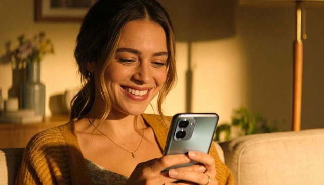 Smiling woman holding smartphone on cozy sofa in warm sunlight wearing mustard cardigan