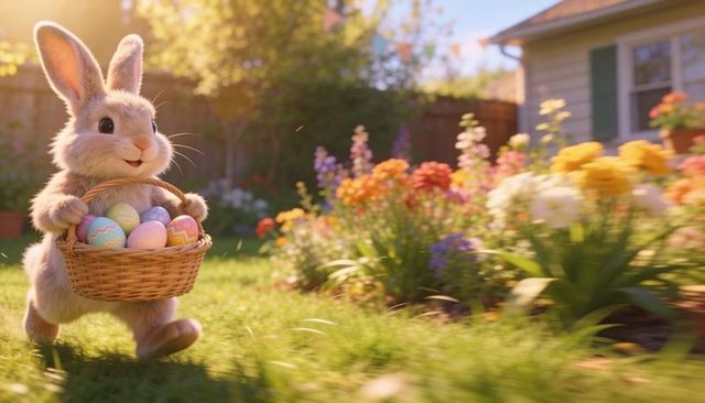 Fluffy bunny trotting with wicker basket of pastel easter eggs in sunlit spring garden