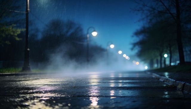 Rain-soaked urban street at night reflecting lamplight, rising mist and bokeh lights