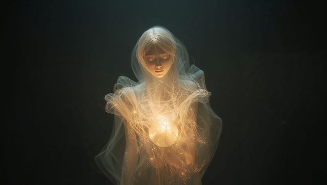 Ethereal woman cradling glowing orb, luminous filaments and gauze veil, mystical serenity