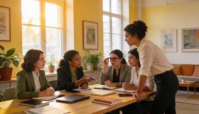 Woman leaning over table leading diverse team meeting in bright modern office