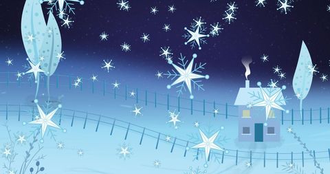 Magical Winter Night with Snowflakes and Cozy House