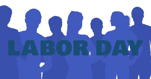 Illustration of blue silhouette workers with labor day text on white background, copy space. Vector, federal holiday, honor, recognition, american labor movement, celebration, appreciation of works.