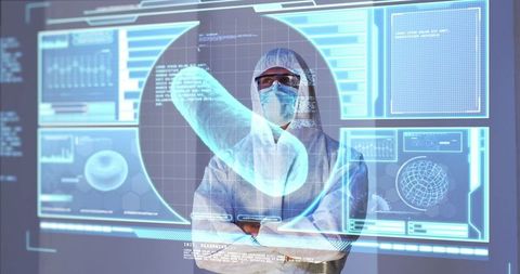 Scientist examining holographic medical data panels