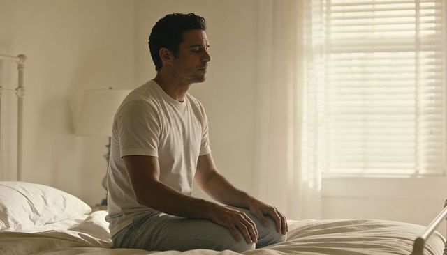 Contemplative man sitting on bed in soft morning light, cozy minimalist bedroom