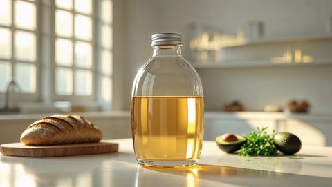 Rustic kitchen scene with glass bottle of corn syrup and fresh ingredients