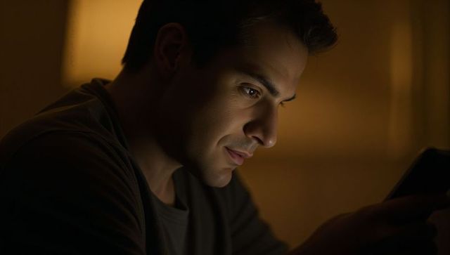 Gazing middle eastern man holding smartphone in dim bedroom at night with warm lamp glow