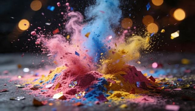 Vibrant powder explosion with pink, blue and gold plumes, glitter confetti and warm bokeh