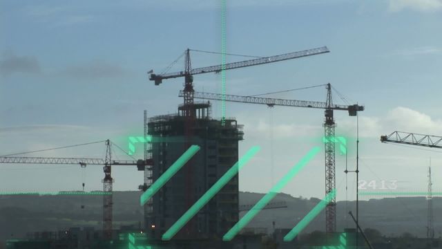 Visual showcasing a modern construction site with cranes and a building under construction, layered with a digital interface and neon green scanner. Ideal for themes related to technological advancements in construction, future of urban development, industrial innovations, and business architecture visualizations.