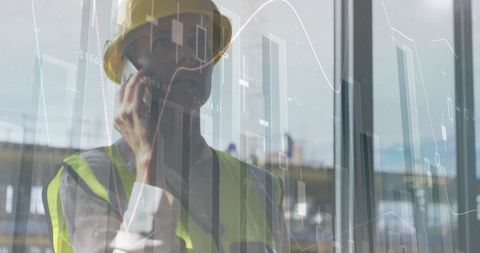 Construction Worker Overlaid with Financial Data Executing Communication