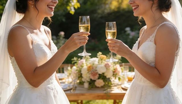 Two brides clinking champagne flutes at sunlit garden reception with romantic floral centerpiece