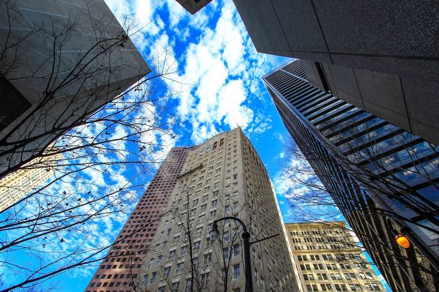 View between tall skyscrapers in an urban city. Great for projects related to modern city life, business environments, real estate, architecture, and urban development presentations. Natural elements like bare tree branches add texture to the scene. Captures energy and optimism of a busy metropolitan area.