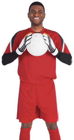 Transparent smiling goalkeeper holding soccer ball with confidence