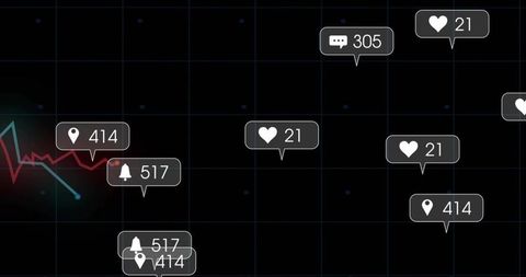 Displaying dark analytics dashboard with floating social location and notification bubbles
