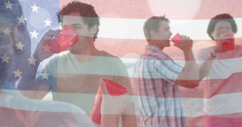 Diverse Friends Celebrating at Beach Party with USA Flag Overlay