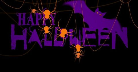 Happy halloween purple bat silhouette with orange spiders and webs on black background