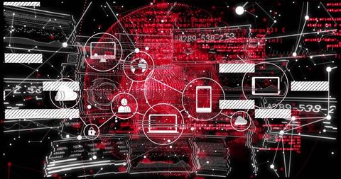 Red skull code matrix representing cyber threat network linking devices and data