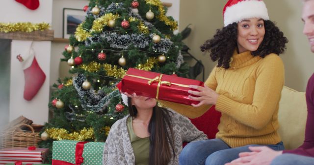 Friends Exchanging Christmas Gifts by Decorated Tree - Download Free Stock Images Pikwizard.com